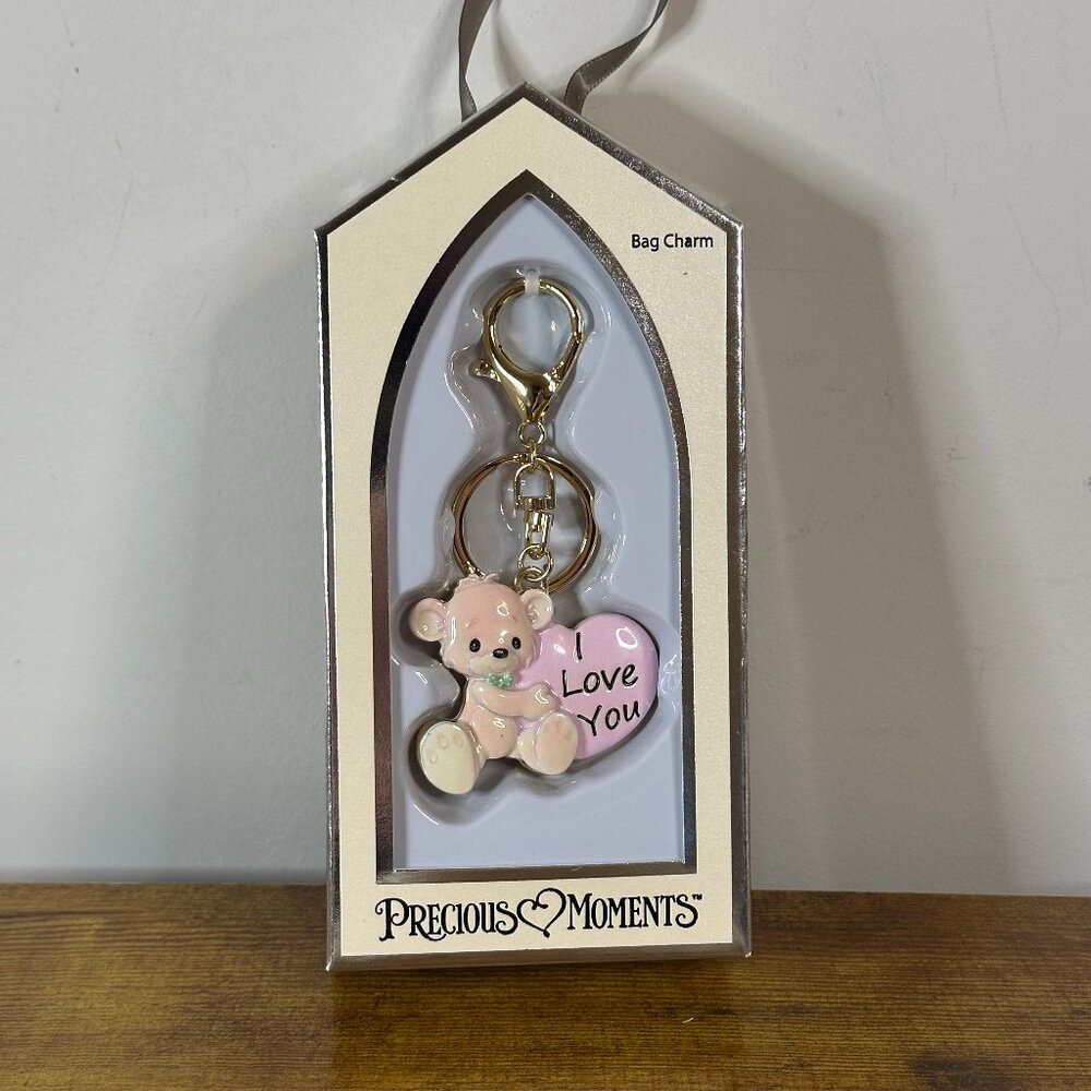 New Precious Moments Bear Holding Heart I Love You Bag Charm Key Chain Gold Pink